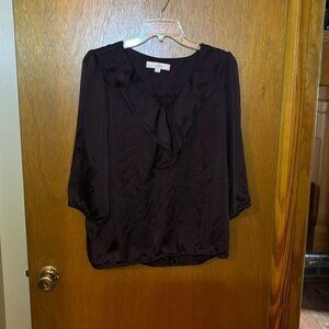 Loft Ruffled Neck Satin Elastic Waist 3/4 Sleeve Deep Plum Blouse Size M